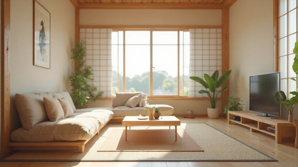 Minimalist Japanese living room with low seating arrangement, wooden furniture, soft natural light from paper screens, plants adding greenery, uncluttered floor space