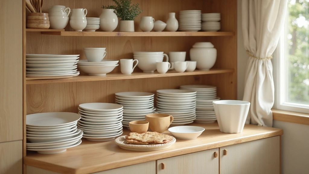 Minimalist kitchen storage with open wooden shelves displaying neatly organized white dishes, natural lighting, clean cabinet fronts, warm wood tones