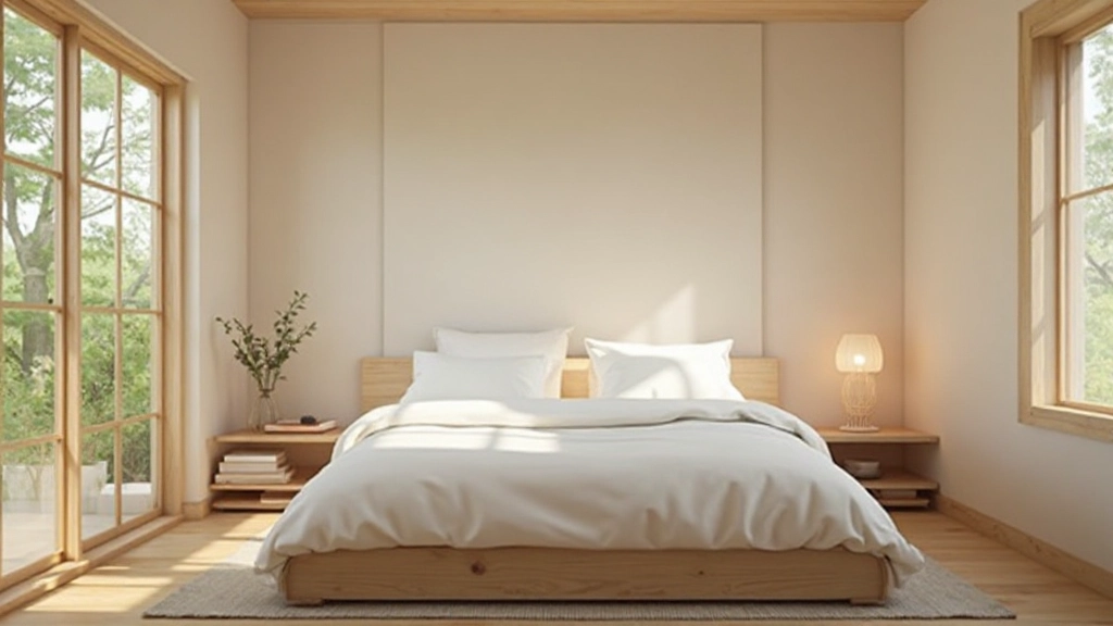 Serene minimalist bedroom with natural wood furniture, white bedding, soft natural light from window, clean organized space