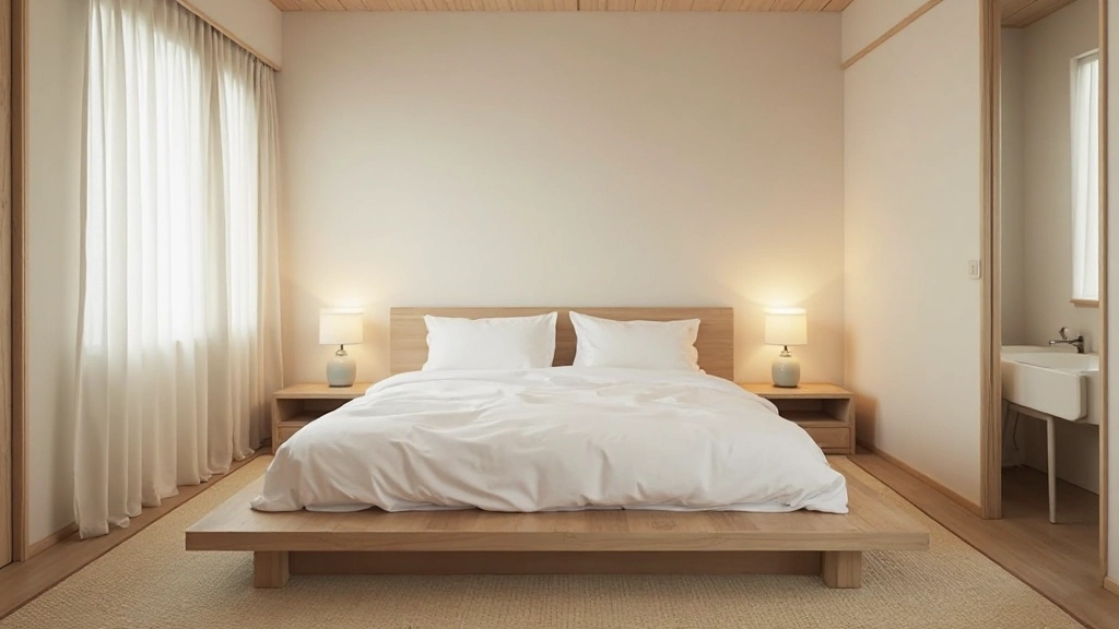 Minimalist bedroom with tatami mat flooring, low platform bed, single window with natural light, carefully curated wooden furniture