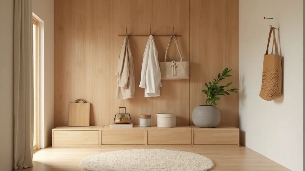 Entryway with wooden shoe rack, simple wall hooks, small mirror, clean floor, minimal decorative items