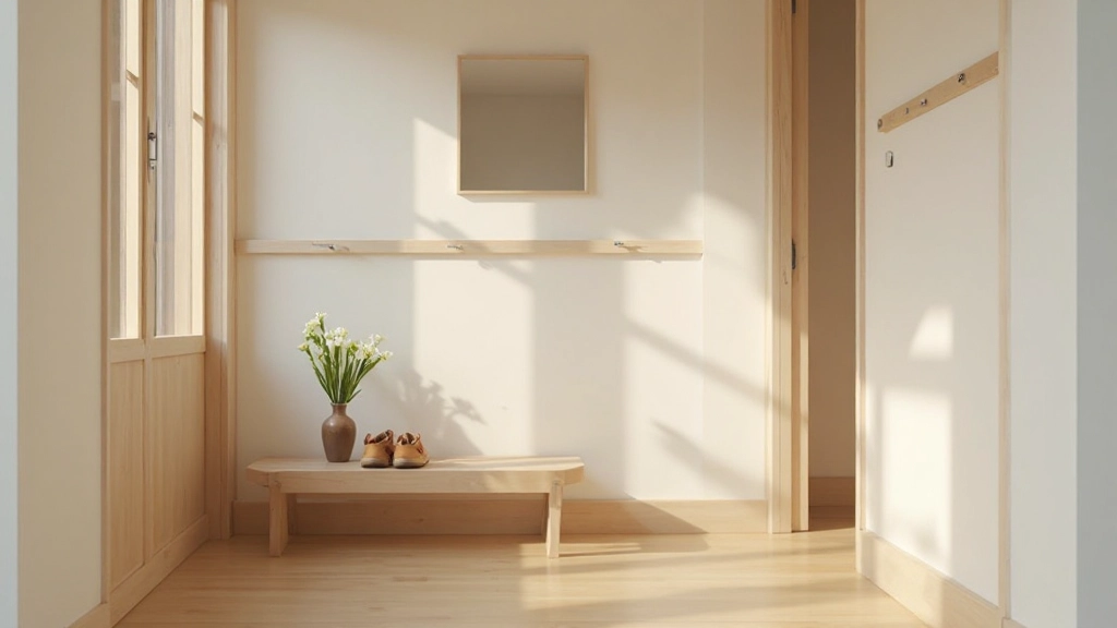 Calm entryway with natural materials, soft lighting, and minimal furnishings