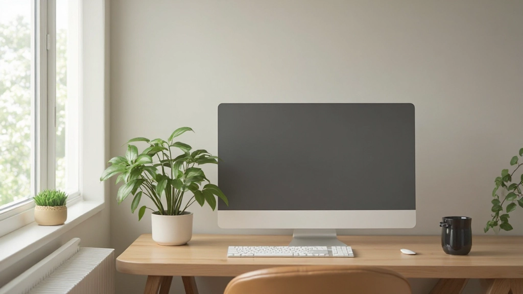 Clean minimalist desk with single monitor, wooden surface, neutral colors, natural light from window