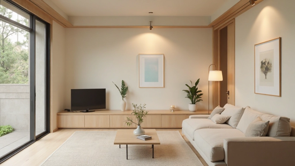 Serene minimalist living room with natural wood furniture, soft neutral tones, and abundant natural light from large windows