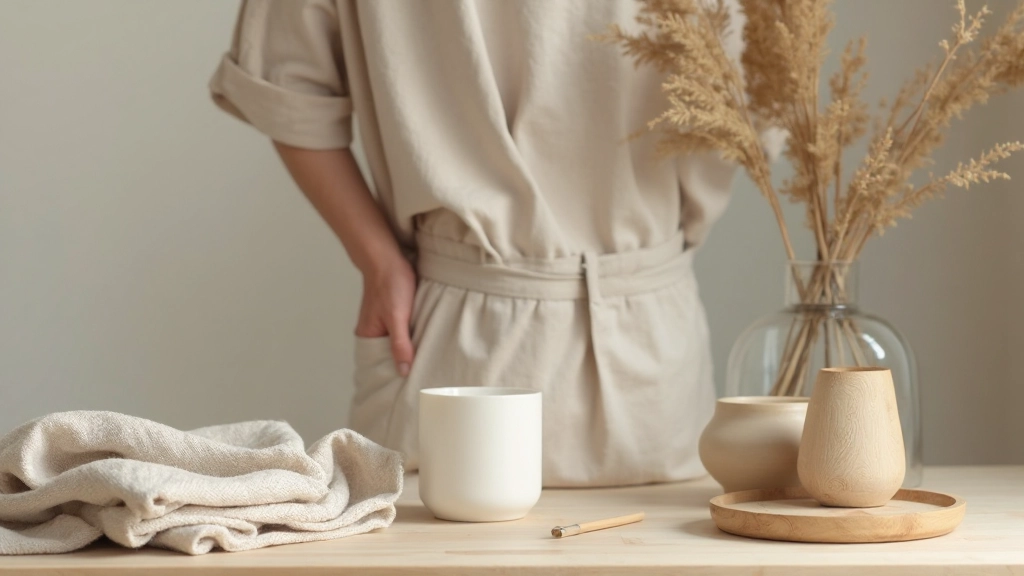 Close-up of natural materials: light wood desk, linen storage basket, ceramic accessories, neutral textures