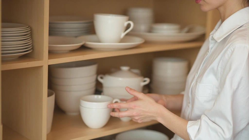 Person organizing kitchen cabinet with white dishes and containers, minimalist approach, natural lighting, focused and calm
