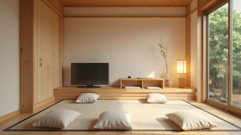 Traditional Japanese living room with floor seating, low wooden table, wall-mounted shelving, sliding doors, natural materials and textures throughout